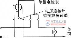 单相电能表表内电压连接片错接在电流线圈负荷端的接线图