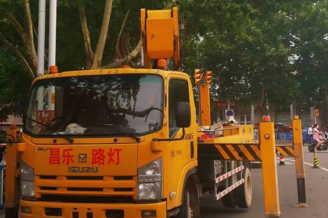 山东潍坊昌乐县修剪遮挡路灯行道树以提升城市道路照明度