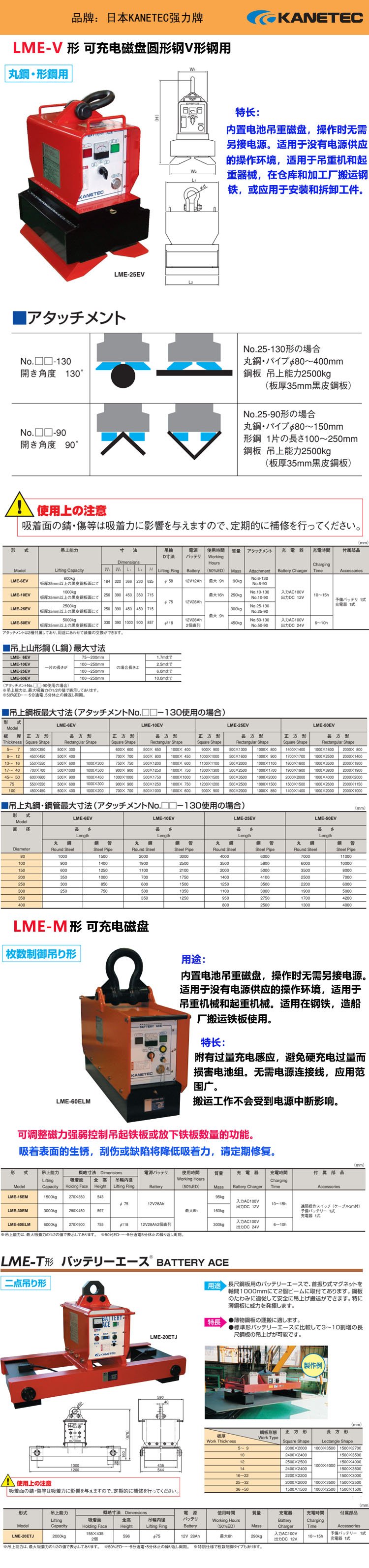 日本进口 强力KANETEC 大型可充电式 吊重磁盘钢铁 搬运吸盘 LME-15FM
